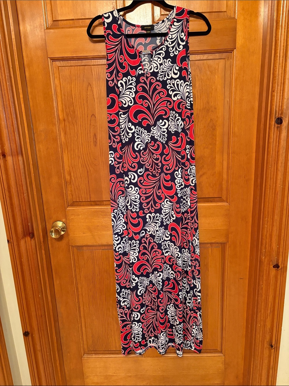Espresso Sleeveless Maxi Dress in Navy, Red & White Swirl Print
